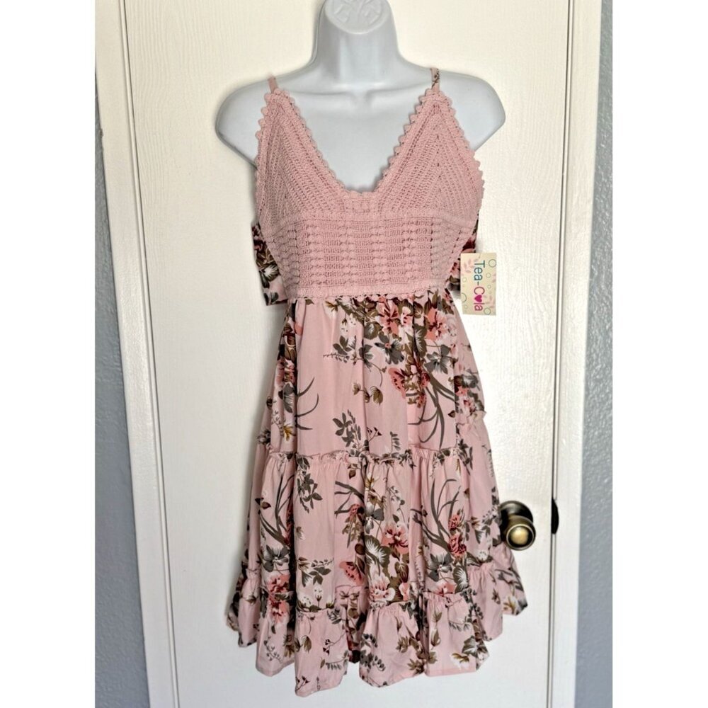 NWT Tea-Cola V-Neck Crochet Lined Strap Sleeveless Open Back Midi Dress Pink